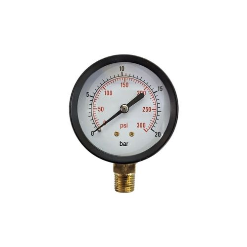 MANOMETRO SECO DE 2,5’’ (64MM), (MONTURA INFERIOR) CON CONECTOR 1/4NPT DE 300 PSI (0 A 20 BAR), CAJA DE ACERO NEGRO Y BISEL